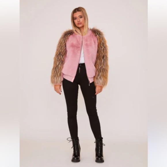 Shaci Faux Fox Fur Pink Bomber Jacket Teddy Coat Mob Wife Size Large - Picture 12 of 13